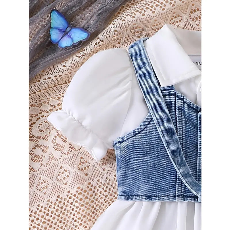 Girl's 3-Piece Casual Solid Polyester Blend Set - Bubble Sleeves Dress, Cropped Denim Vest (Set Includes Vest), Bow-Decorated Denim Crossbody Bag, Kids' Casual Wear