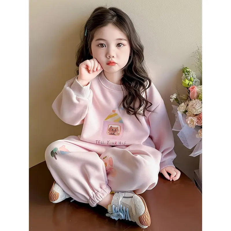 Girls' Casual Cartoon Print Sweatshirt and Pants Set - Soft Pink with Pockets, Long Sleeve, Loose Fit, Spring/Fall Outdoor Wear, Casual Attire, Casual Wear, for Outdoor, For Teenager
