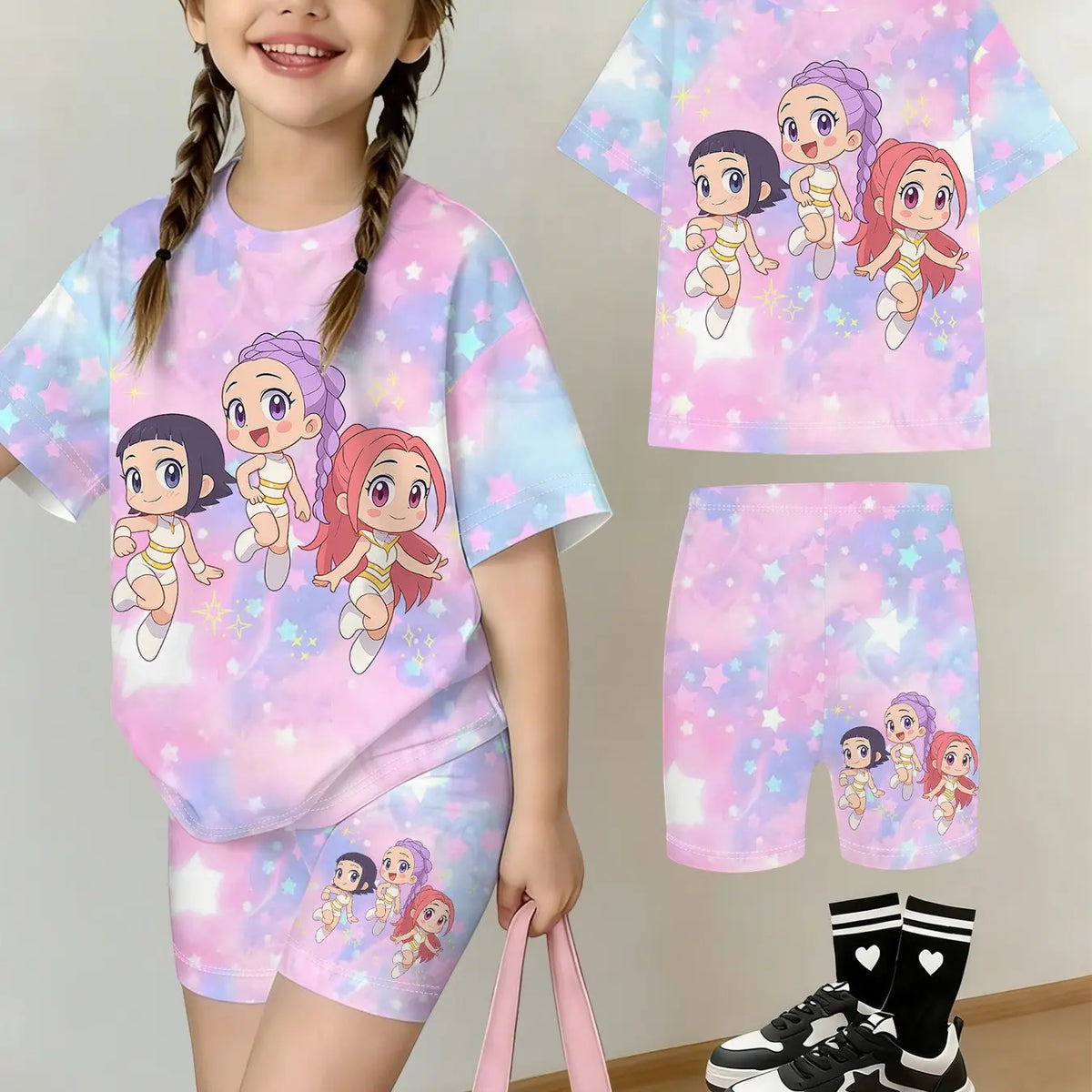 Girls' Summer Group Series T-Shirt Shorts Set, Dreamy Nebula Star Cartoon Print, Casual Streetwear, Perfect Gift for Kids, Outdoor Friendly, Summer Clothes Sets