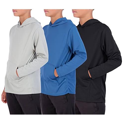 Real Essentials 3 Pack: Youth Mesh Long Sleeve Pullover Hoodie Active Sweatshirt - Kangaroo Pocket - Boys & Girls