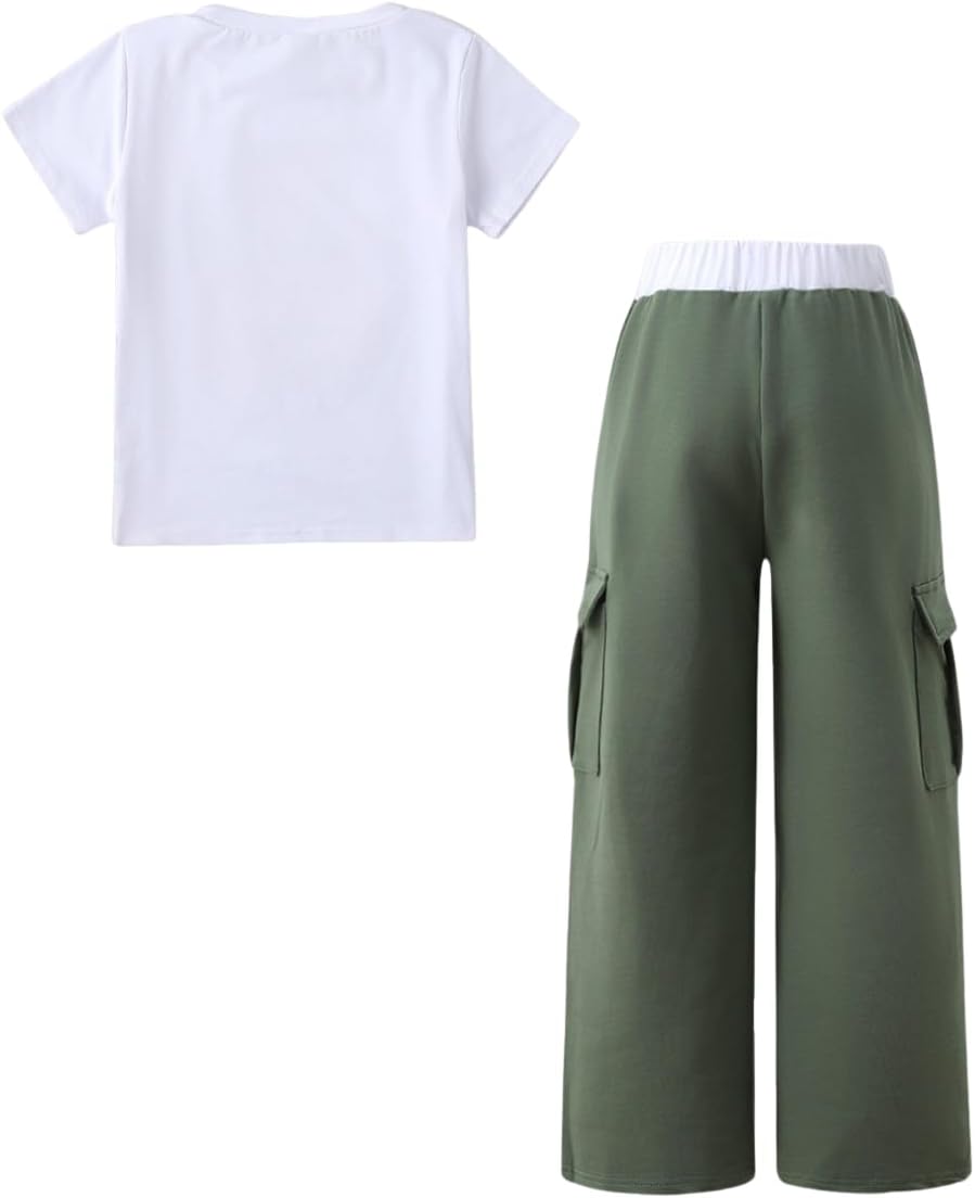Ayzozuy Kid Girl Clothes Outfits Figure Letter Graphic Tee Top + Flap Pocket Pants 2PC Clothing Set