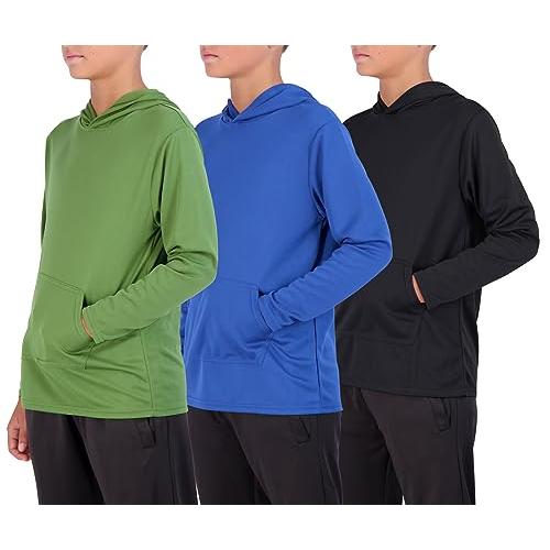 Real Essentials 3 Pack: Youth Mesh Long Sleeve Pullover Hoodie Active Sweatshirt - Kangaroo Pocket - Boys & Girls