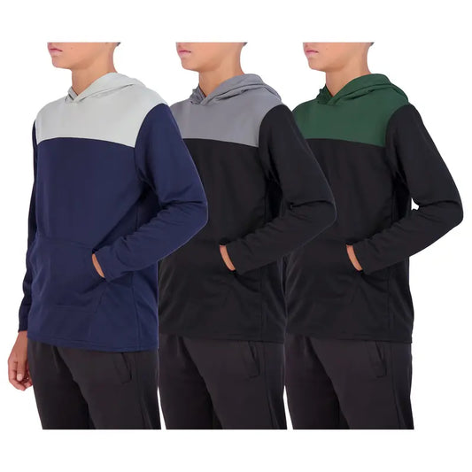 Real Essentials 3 Pack: Youth Mesh Long Sleeve Pullover Hoodie Active Sweatshirt - Kangaroo Pocket - Boys & Girls