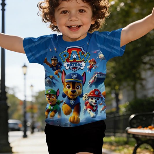 Paw Patrol Digital Print T-shirt, Character Print Shirt, Cartoon Print Tee, Digital Print Infant & Toddler Short Sleeve Set, T-shirt for Daily & Outdoor Activities, Toddler Graphic Tees, 100% Polyester, Perfect Gift for Infants & Toddlers!
