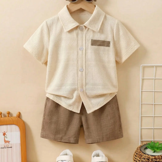 Boys' Summer Casual Two-Piece Set, Easy to Wear, Textured Lapel Pocket Shirt & Shorts, Ideal for School, Outdoor Activities, Daily Wear, Clothing Sets