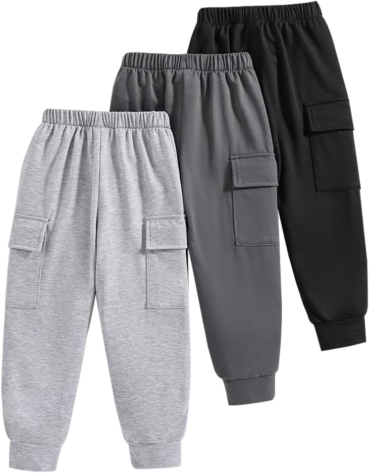 Nivne Tco Boys Casual Pants-Solid Color Soft Trousers-Toddler Boys 3 Pack Sweatpants Set (3-7 Years)