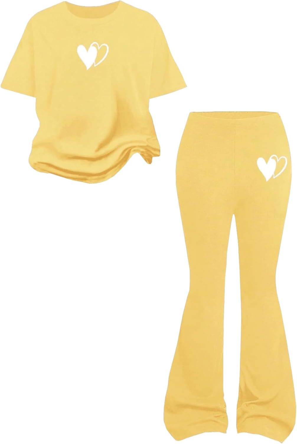 Tween Girls 2PCS Outfit Set 8-13Y Crop Top & Flare Pants with Bowknot and Heart Print Casual Girl Clothes
