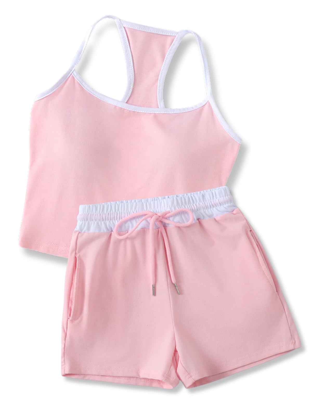 Size 7-14Y Girls Clothes 2 Piece Outfits Striped Tank Top Drawstring Shorts Teen Girls Summer Clothing Sets