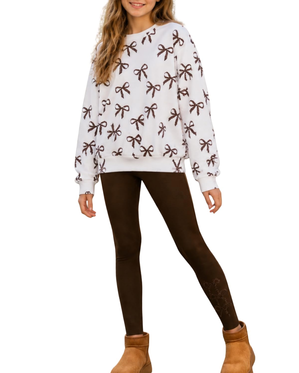 Size 7-14 Years Girls Fall Clothes Long Sleeve Bow Printed Top + Leggings Pants Teen Girls 2 Piece Outfits Set