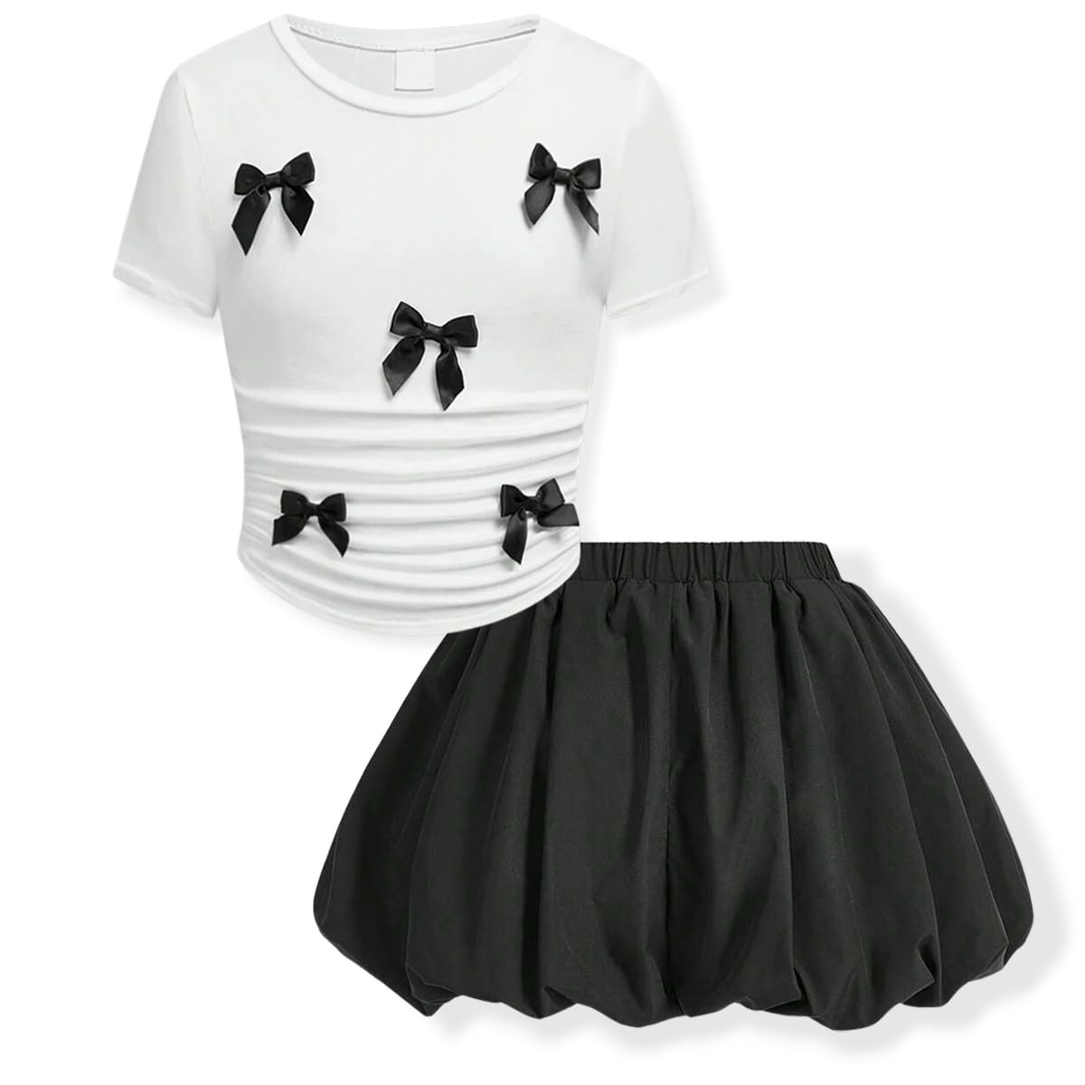 Teenage Girls Puffy Skirt Set with Cute Bowknot Top Teen Summer Skirt Outfit Puffy Skirt for Teen Girls