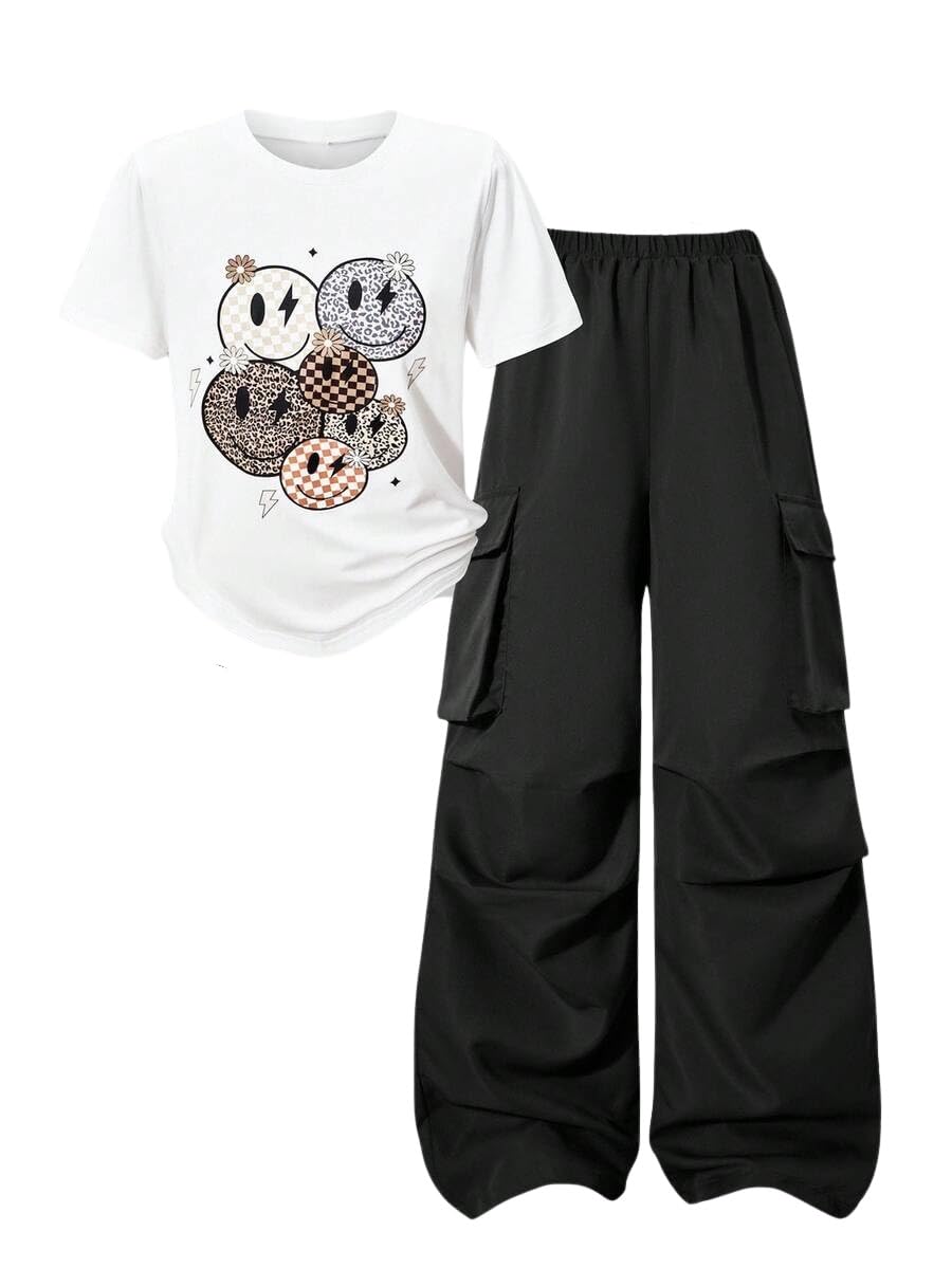 Girls Clothes 2 Piece Smiley Face Print T-Shirt Tops & Cargo Pants Spring Summer Outfits Tween Girls 7-14Y