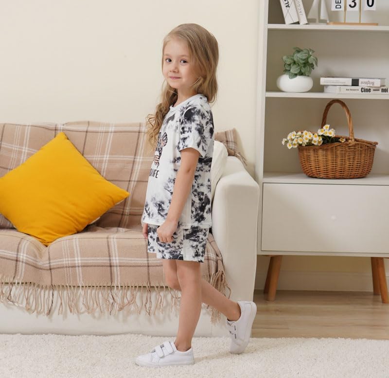 Axumity Kid Toddler Girl Clothes Summer Ruffle Sleeve Figure Graphic Shirt + Shorts Summer Outfits Set