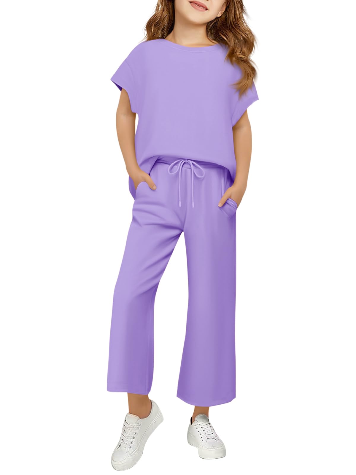 Girls Outfits Short Sleeve Shirts & Pants Sets With Pockets