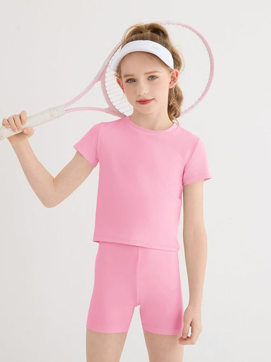 Haloumoning Girls 2 Piece Outfits Kids Athletic T-Shirts & Shorts Set