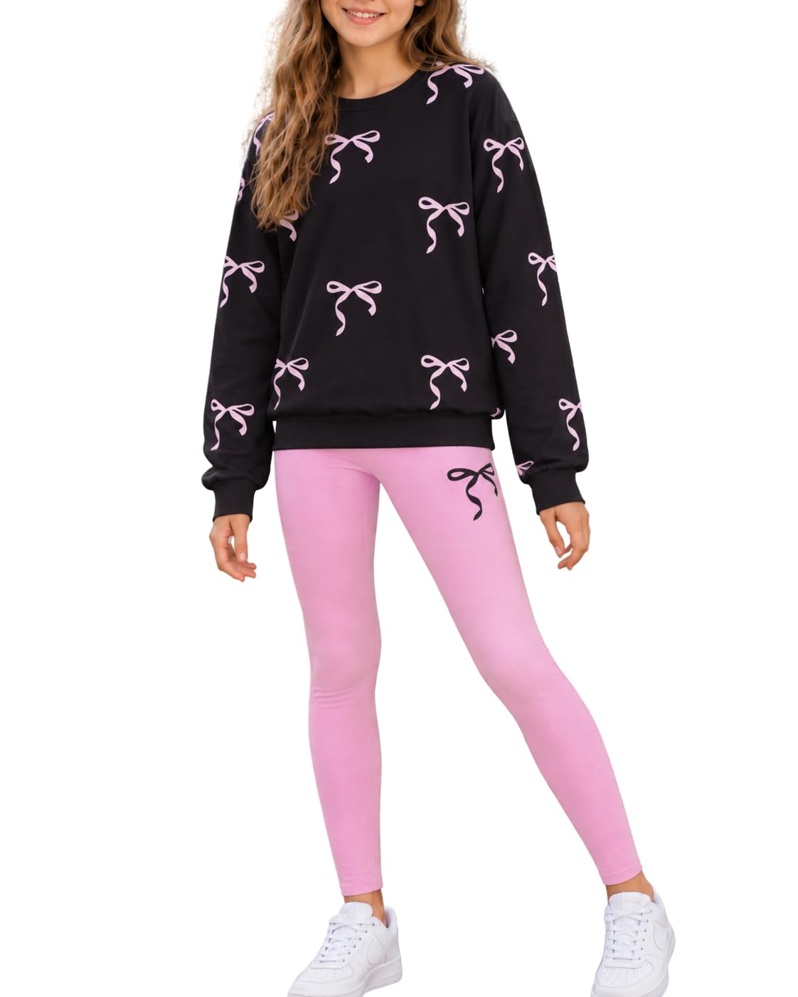 Size 7-14 Years Girls Fall Clothes Long Sleeve Bow Printed Top + Leggings Pants Teen Girls 2 Piece Outfits Set
