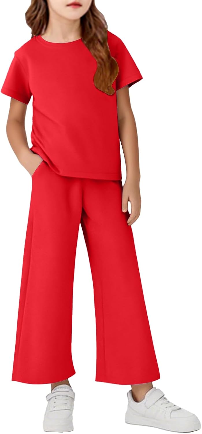 Girls Outfits Short Sleeve Shirts & Pants Sets With Pockets