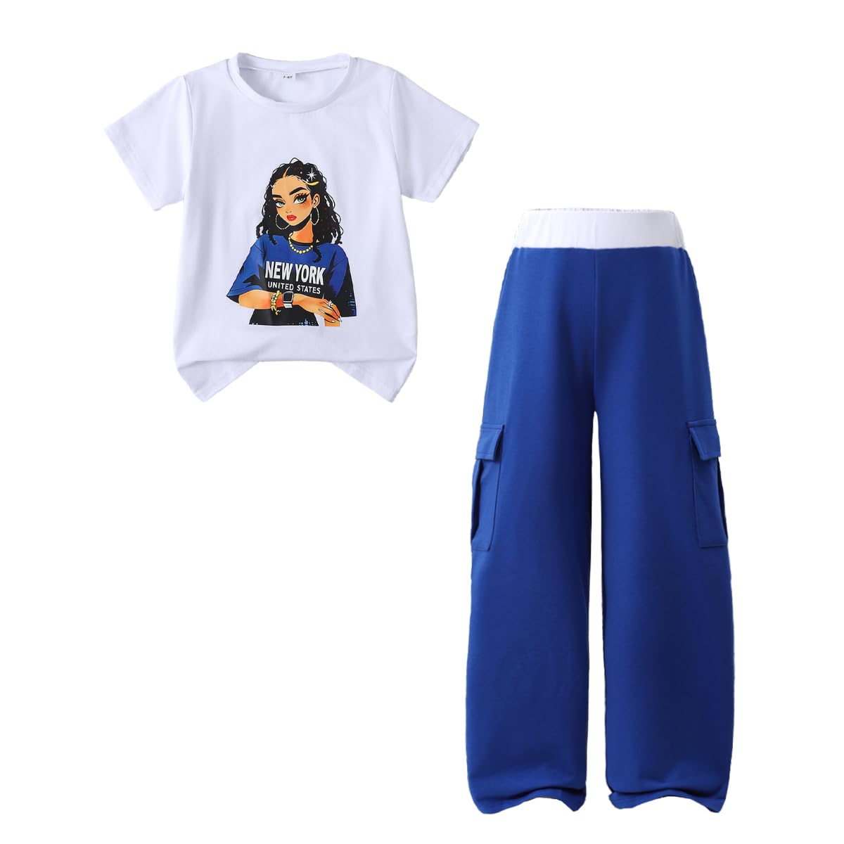 Ayzozuy Kid Girl Clothes Outfits Figure Letter Graphic Tee Top + Flap Pocket Pants 2PC Clothing Set