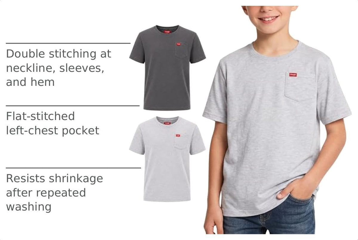 Wrangler Boys T Shirts 2-Pack - Crew Neck Pocket Tee, Soft Cotton Blend