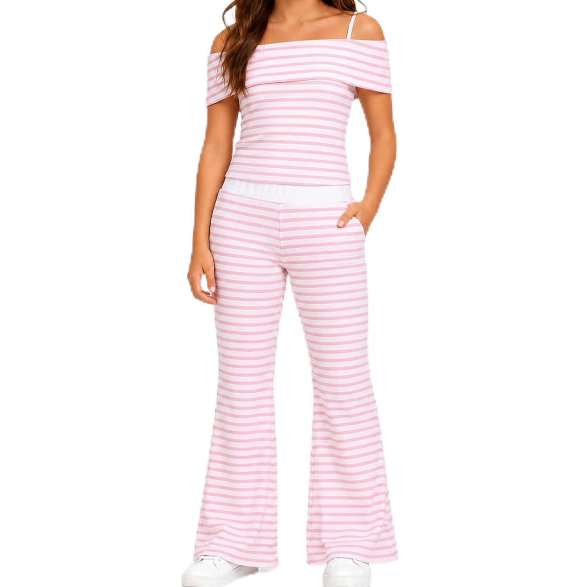 Girls 2 Piece Outfit Off Shoulder Fitted Striped Top & Flare Pants Set