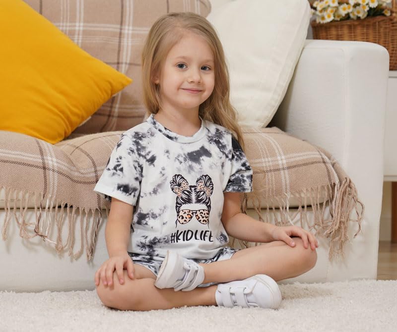 Axumity Kid Toddler Girl Clothes Summer Ruffle Sleeve Figure Graphic Shirt + Shorts Summer Outfits Set