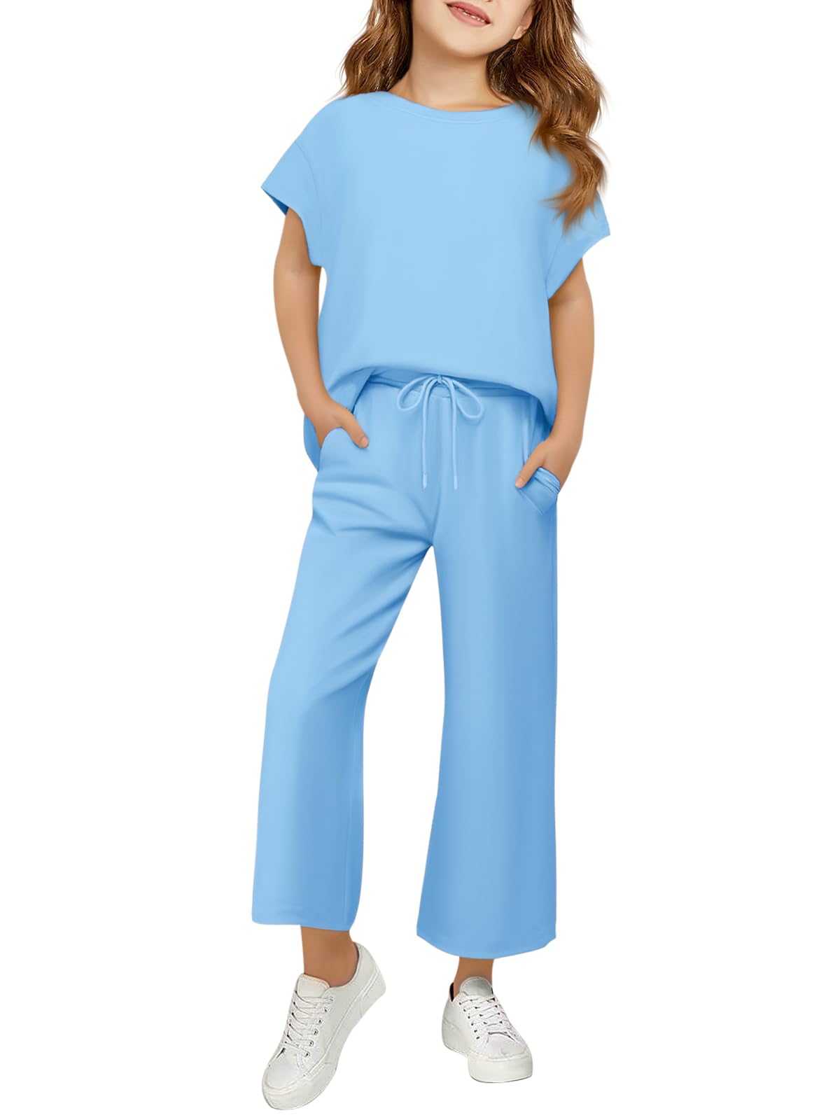 Girls Outfits Short Sleeve Shirts & Pants Sets With Pockets