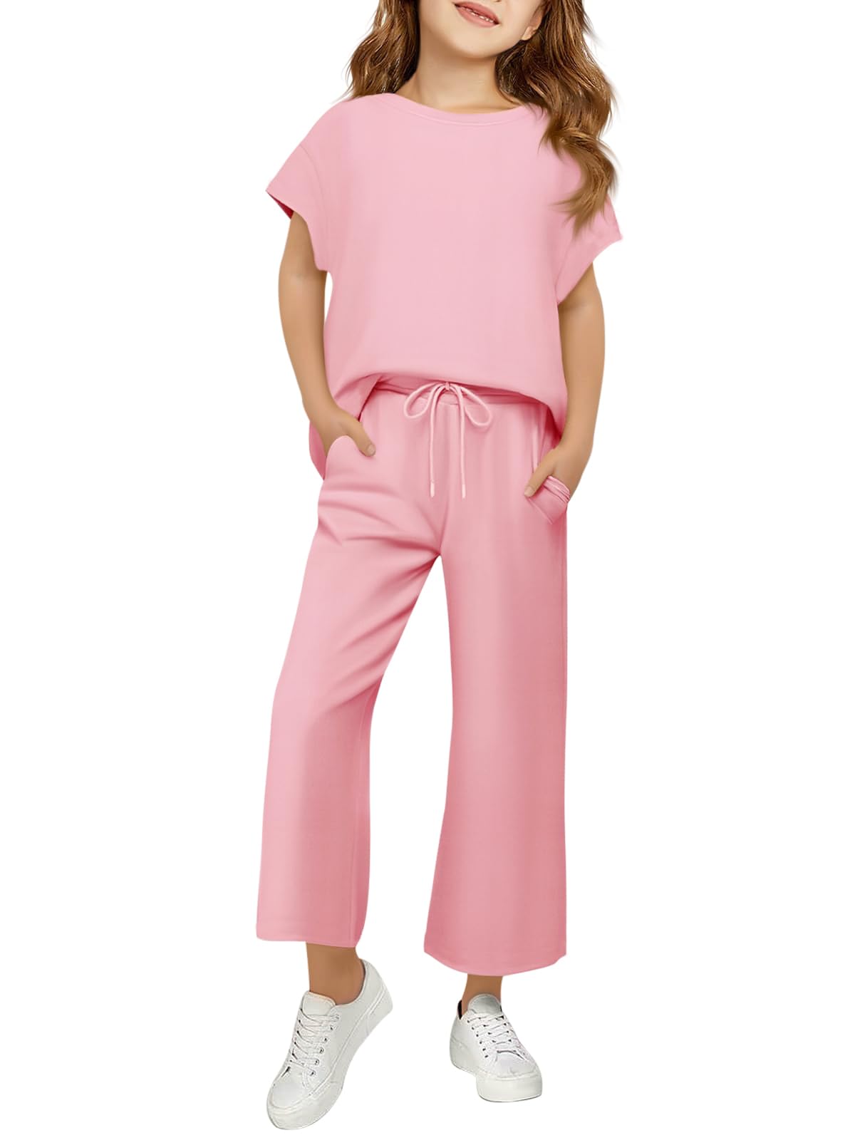 Girls Outfits Short Sleeve Shirts & Pants Sets With Pockets