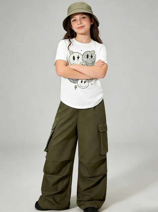 Girls Clothes 2 Piece Smiley Face Print T-Shirt Tops & Cargo Pants Spring Summer Outfits Tween Girls 7-14Y