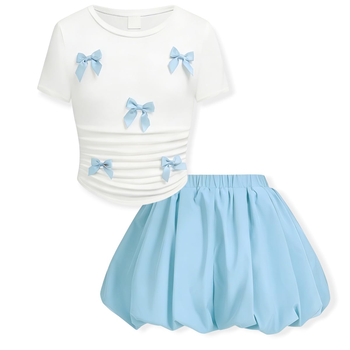 Teenage Girls Puffy Skirt Set with Cute Bowknot Top Teen Summer Skirt Outfit Puffy Skirt for Teen Girls