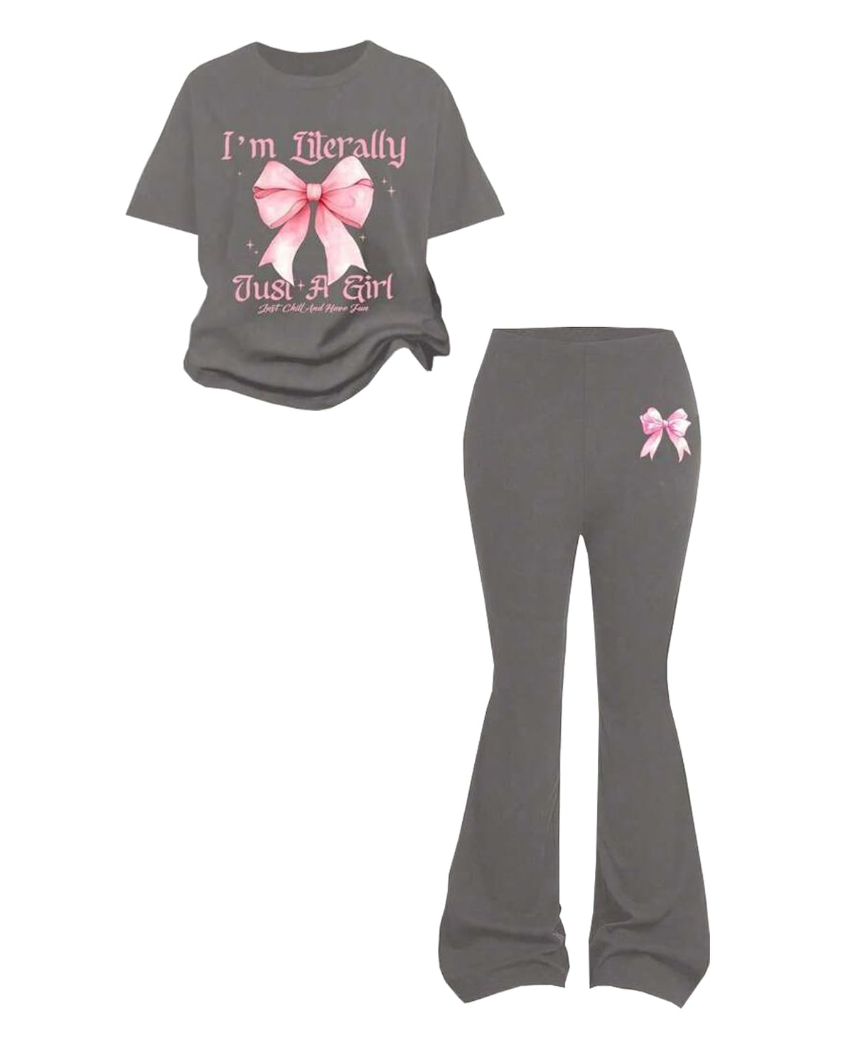 Tween Girls 2PCS Outfit Set 8-13Y Crop Top & Flare Pants with Bowknot and Heart Print Casual Girl Clothes