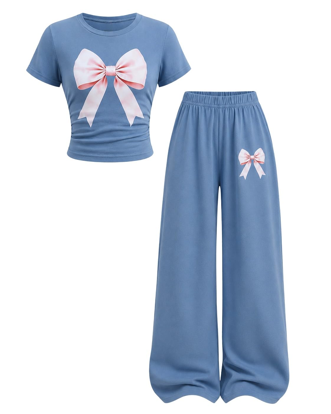 Teen Girl Clothes Bow Graphic Short Sleeve T-Shirt Top+Wide Leg Pants 2 Piece Outfit Set Size 7-14
