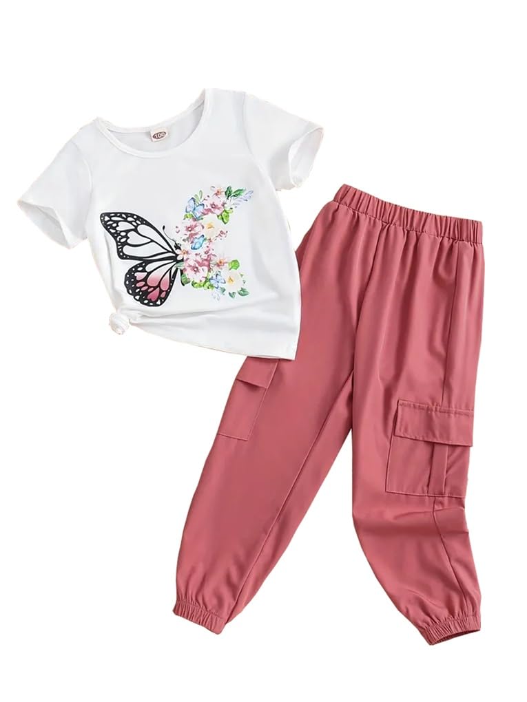 Ayzozuy Kid Girl Clothes Outfits Figure Letter Graphic Tee Top + Flap Pocket Pants 2PC Clothing Set