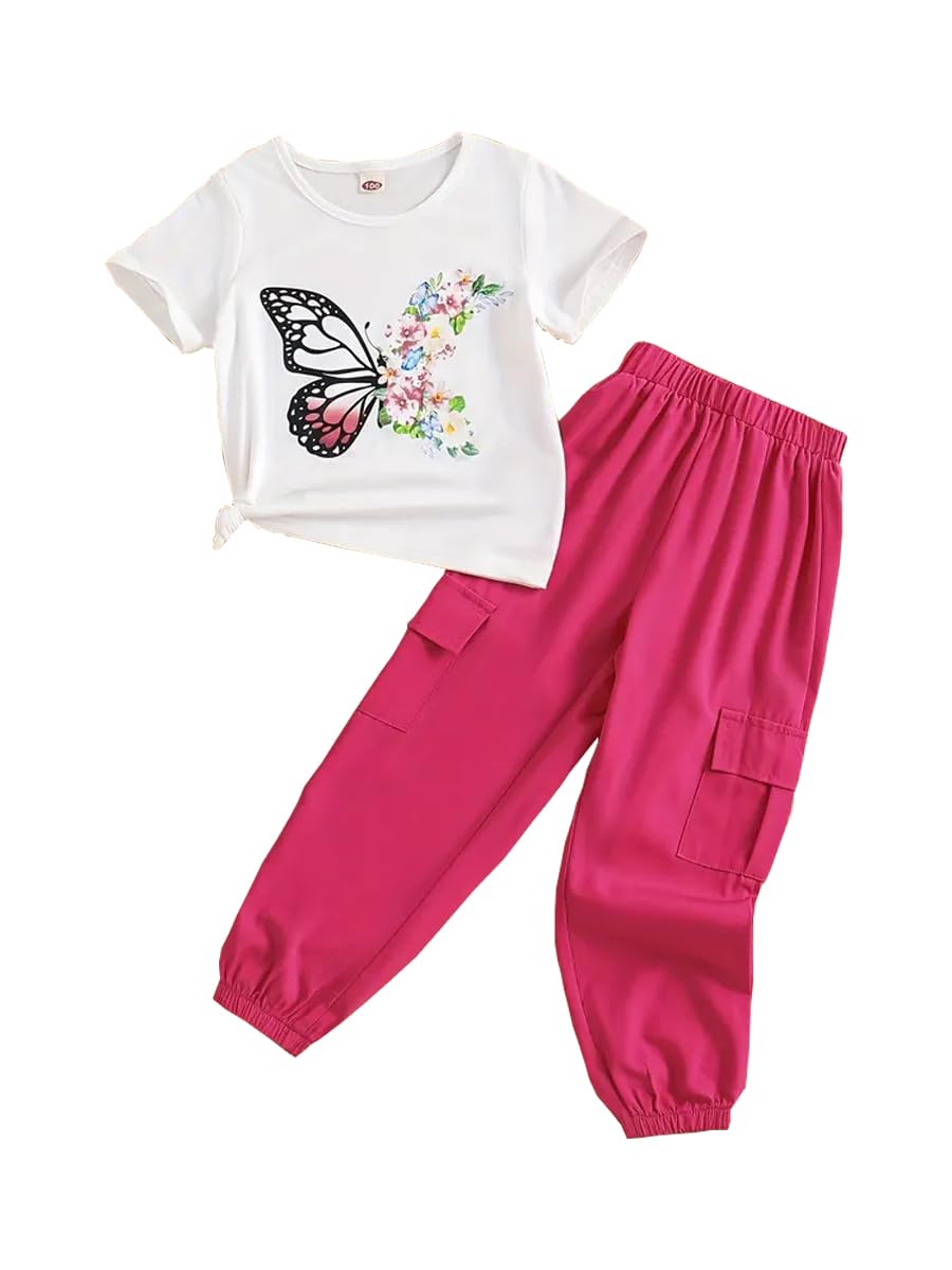 Ayzozuy Kid Girl Clothes Outfits Figure Letter Graphic Tee Top + Flap Pocket Pants 2PC Clothing Set