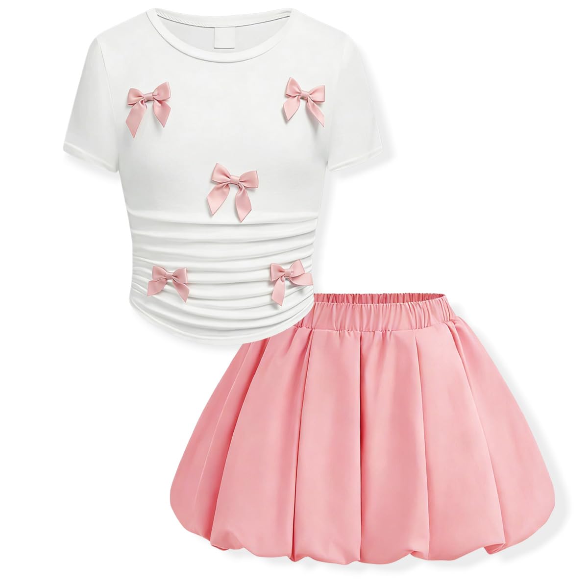 Teenage Girls Puffy Skirt Set with Cute Bowknot Top Teen Summer Skirt Outfit Puffy Skirt for Teen Girls