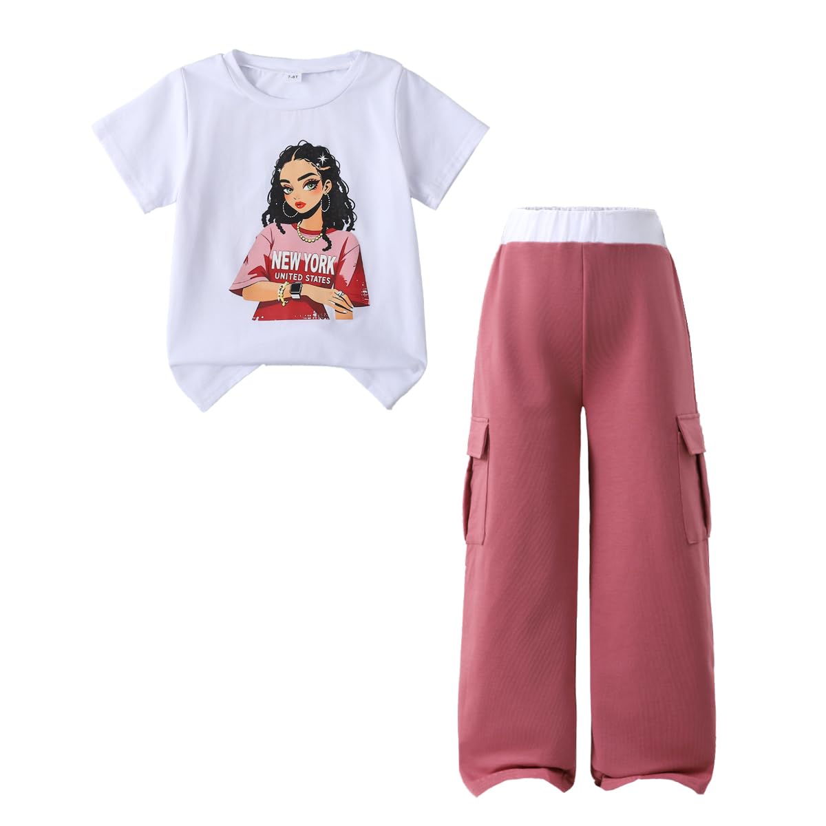Ayzozuy Kid Girl Clothes Outfits Figure Letter Graphic Tee Top + Flap Pocket Pants 2PC Clothing Set