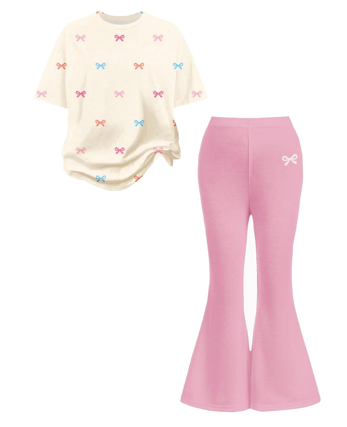 Tween Girls 2PCS Outfit Set 8-13Y Crop Top & Flare Pants with Bowknot and Heart Print Casual Girl Clothes