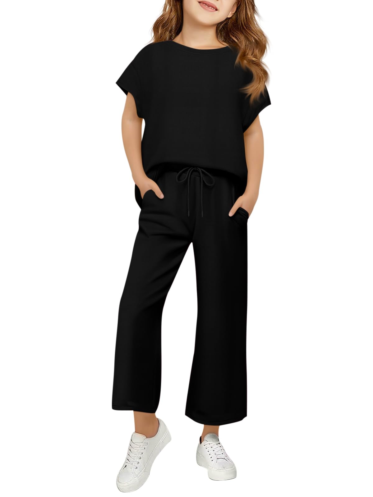 Girls Outfits Short Sleeve Shirts & Pants Sets With Pockets