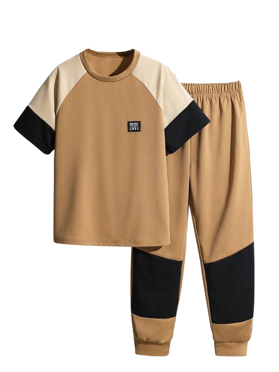 Axumity Tween Boys' 2-Piece Casual Outfit Spring Summer Short Sleeve Crewneck Top & Color Block Pants Size 6-13