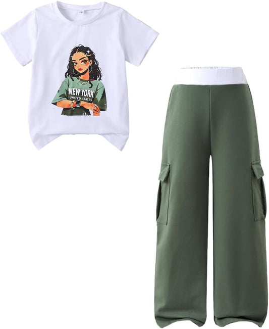 Ayzozuy Kid Girl Clothes Outfits Figure Letter Graphic Tee Top + Flap Pocket Pants 2PC Clothing Set