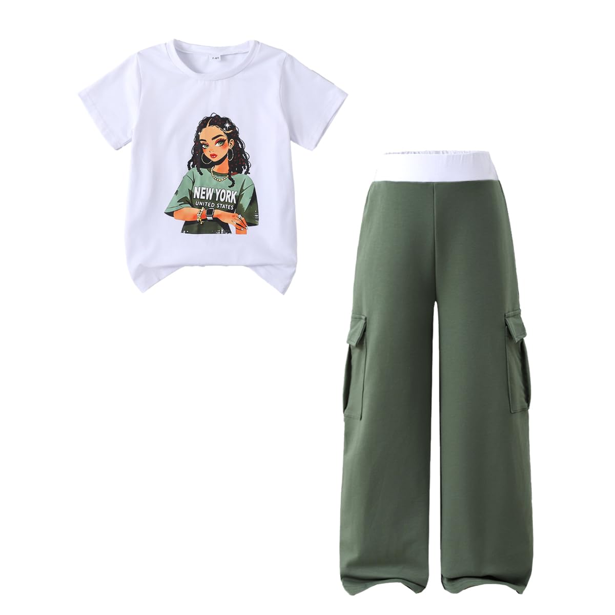 Ayzozuy Kid Girl Clothes Outfits Figure Letter Graphic Tee Top + Flap Pocket Pants 2PC Clothing Set