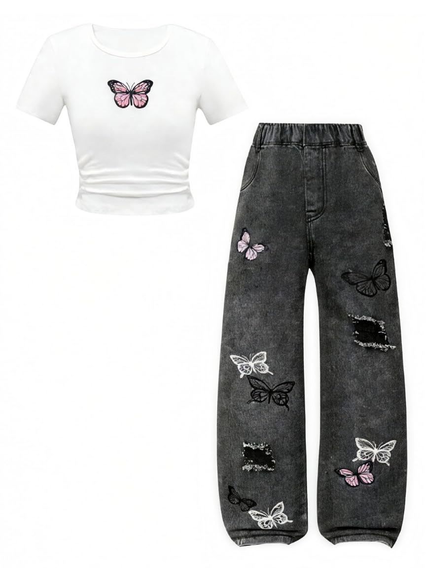 Azmxynol Tween Girl Clothes Short Sleeve Top + Butterfly Design Jeans 2 Pieces Spring Summer Outfit Set, Size 6-16 Years
