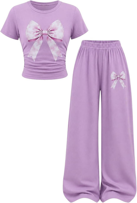 Teen Girl Clothes Bow Graphic Short Sleeve T-Shirt Top+Wide Leg Pants 2 Piece Outfit Set Size 7-14