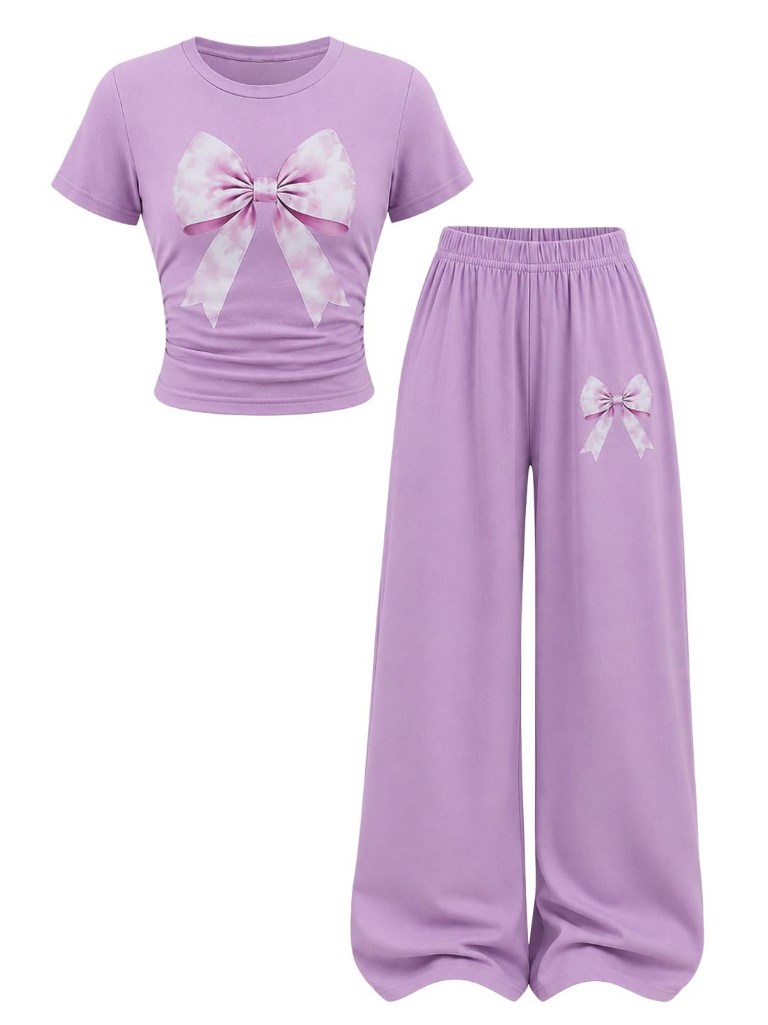 Teen Girl Clothes Bow Graphic Short Sleeve T-Shirt Top+Wide Leg Pants 2 Piece Outfit Set Size 7-14