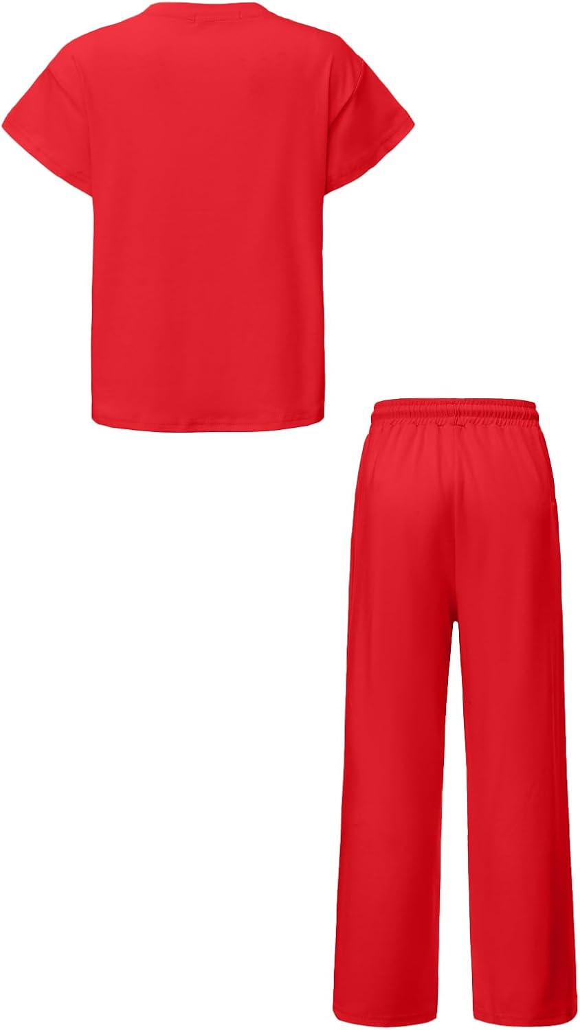 Girls Outfits Short Sleeve Shirts & Pants Sets With Pockets