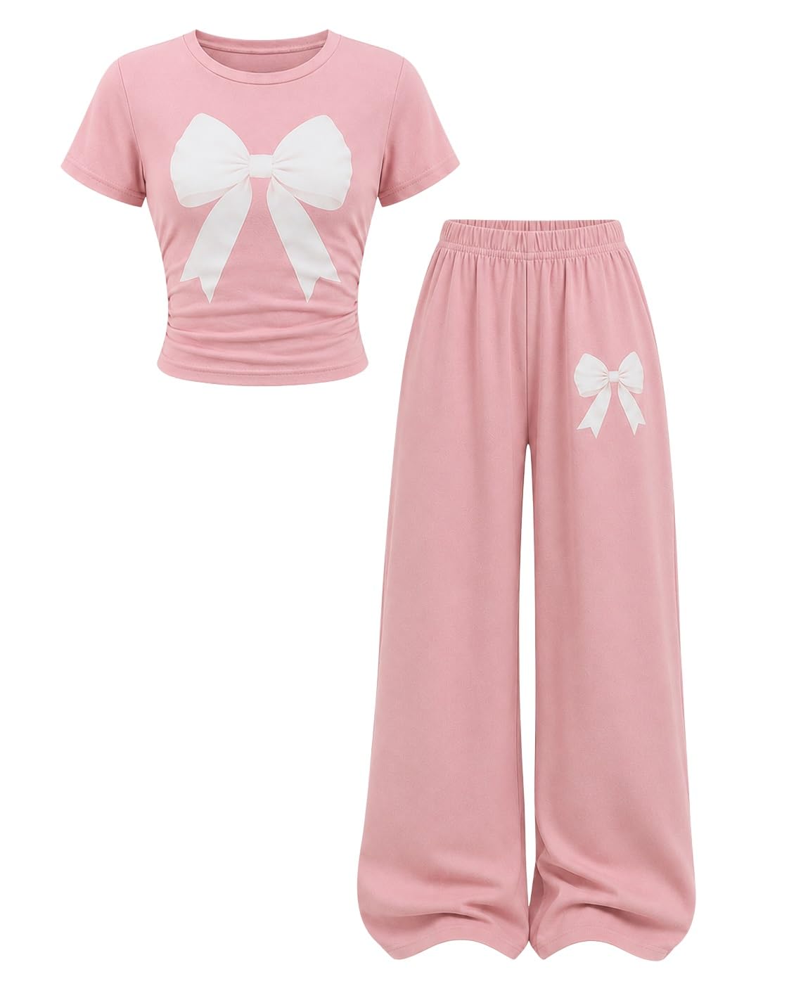 Teen Girl Clothes Bow Graphic Short Sleeve T-Shirt Top+Wide Leg Pants 2 Piece Outfit Set Size 7-14