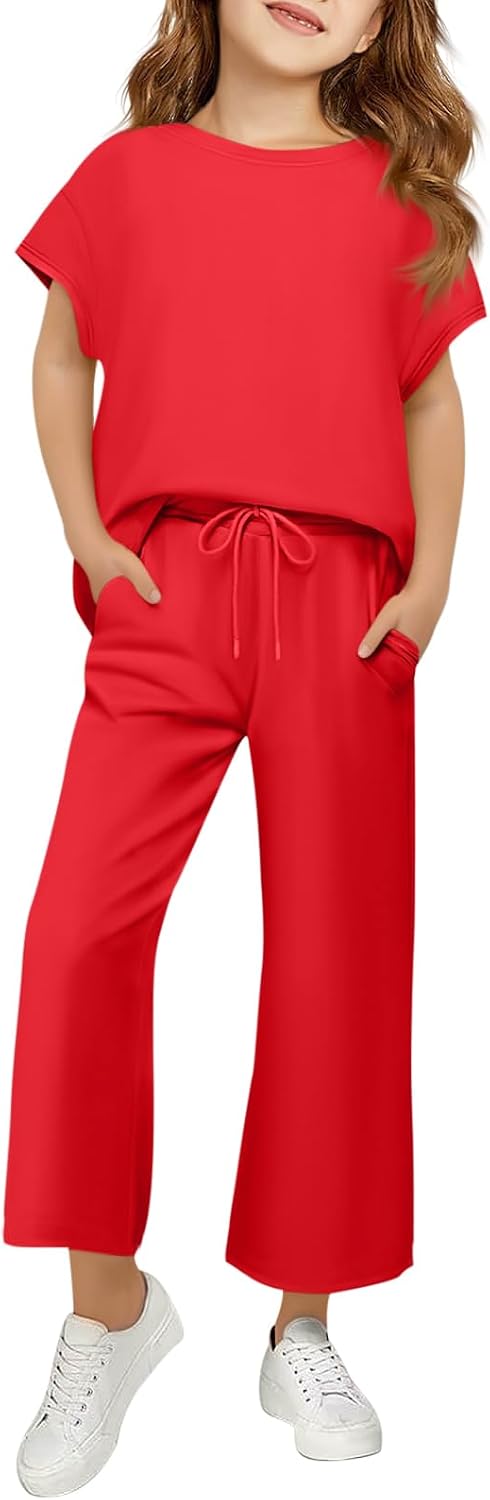 Girls Outfits Short Sleeve Shirts & Pants Sets With Pockets