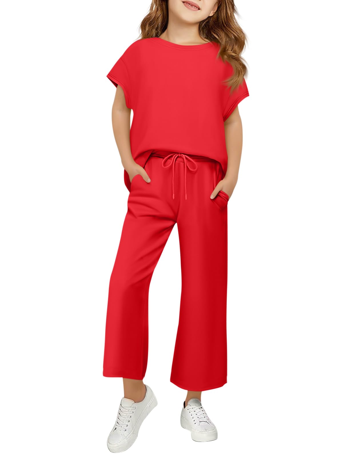 Girls Outfits Short Sleeve Shirts & Pants Sets With Pockets