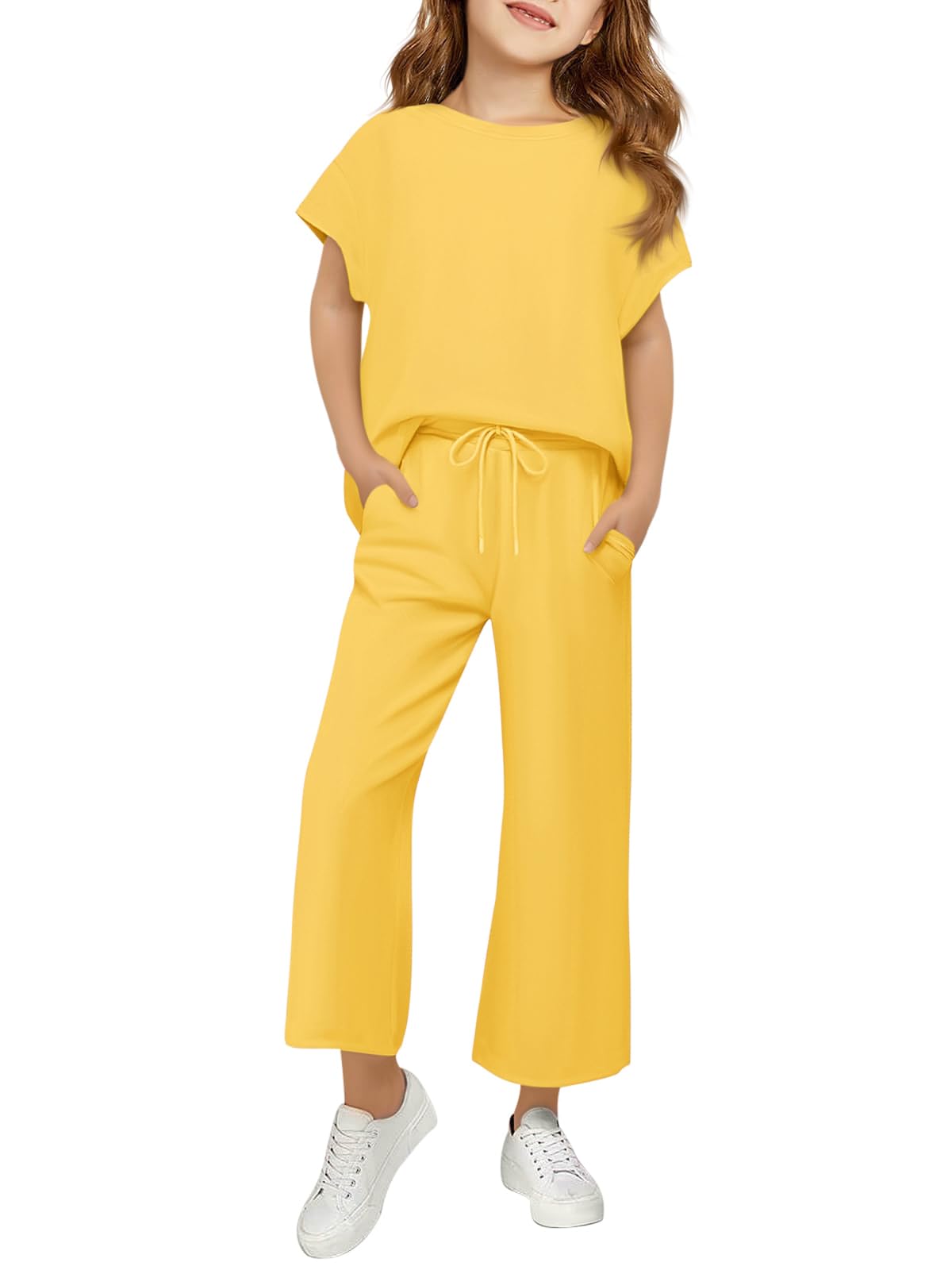 Girls Outfits Short Sleeve Shirts & Pants Sets With Pockets