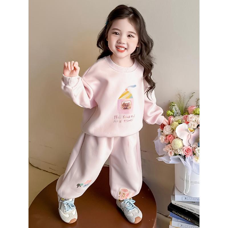 Girls' Casual Cartoon Print Sweatshirt and Pants Set - Soft Pink with Pockets, Long Sleeve, Loose Fit, Spring/Fall Outdoor Wear, Casual Attire, Casual Wear, for Outdoor, For Teenager