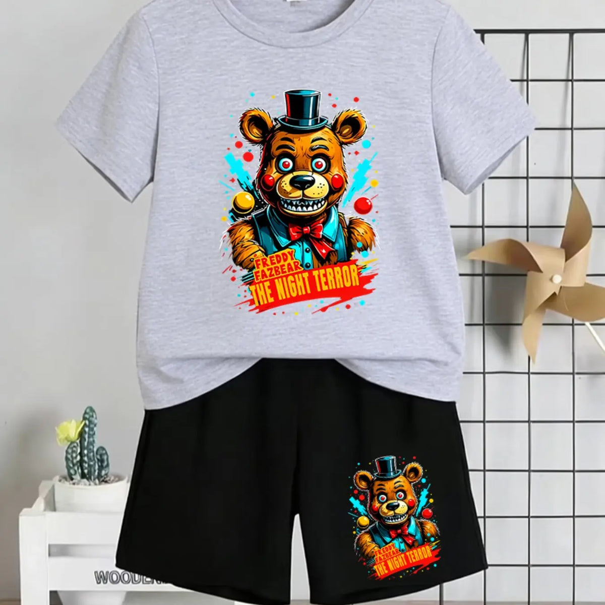 Five Nights At Freddy's Freddy Fazbear Printed Children's Short-Sleeved Set Summer Casual, Comfortable, Fashionable, Everyday, Outdoor Versatile T-Shirt And Shorts Set, Cartoon Printed Set, Ideal Gift Choice