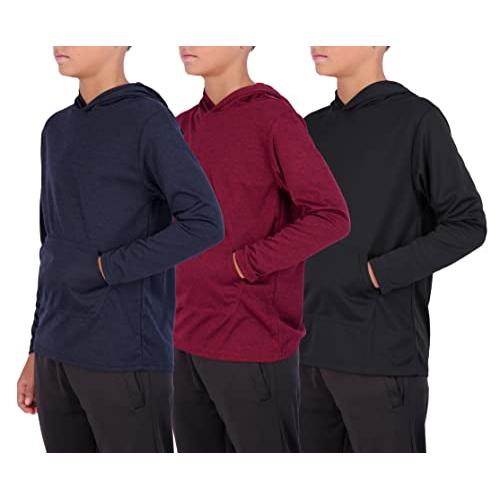 Real Essentials 3 Pack: Youth Mesh Long Sleeve Pullover Hoodie Active Sweatshirt - Kangaroo Pocket - Boys & Girls